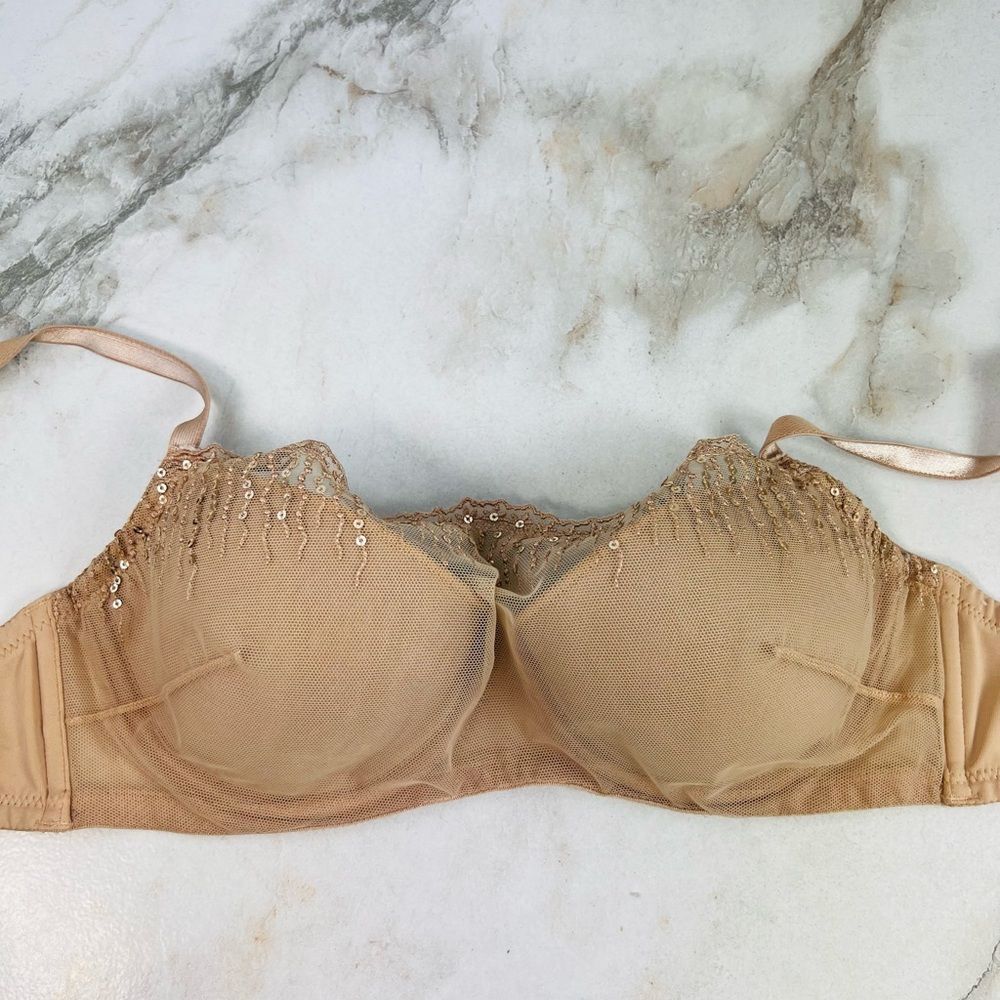 Soma 79984 Tan/Nude Lace Sequin Mesh Overlay Lightly Lined Bra,  32C - Picture 7 of 16